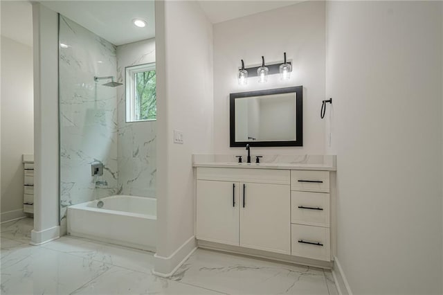 1273 Grayson Pkwy, Grayson, GA 30017 - bathroom featuring marble finish floors, baseboards, vanity, recessed lighting, and a combined bath / shower with marble appearance