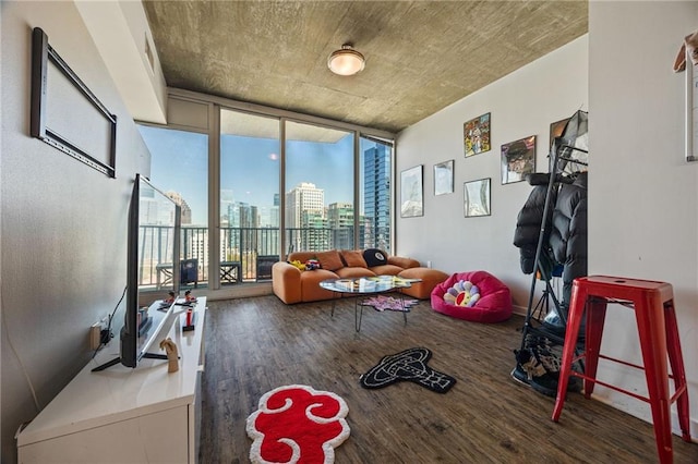 interior space featuring expansive windows and wood finished floors