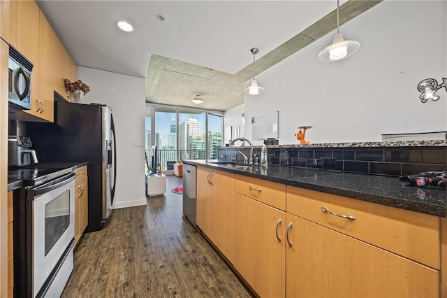 kitchen featuring dark wood-style floors, stainless steel appliances, dark stone countertops, a sink, and decorative light fixtures