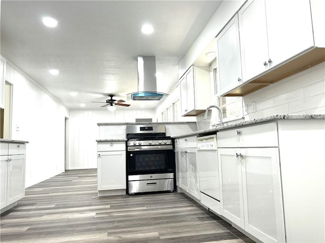 kitchen with white dishwasher, range hood, wood-type flooring, and stainless steel range oven