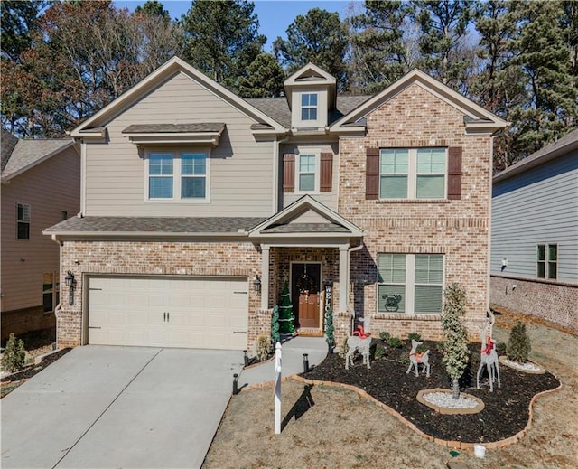 view of front of property featuring driveway, an attached garage, roof with shingles, and brick siding