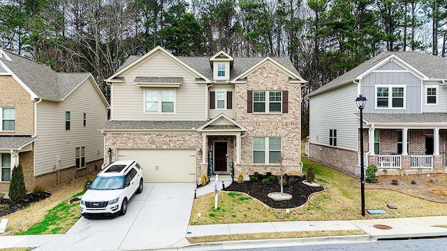 view of front of house with brick siding, roof with shingles, concrete driveway, a garage, and a front lawn