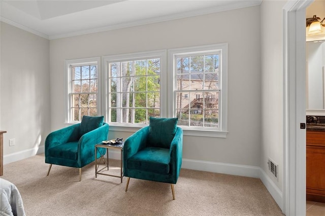 sitting room with light carpet, sink, and ornamental molding