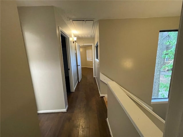 2449 Terrace Trl, Decatur, GA 30035 - hallway with attic access, dark wood-style flooring, baseboards, and an upstairs landing