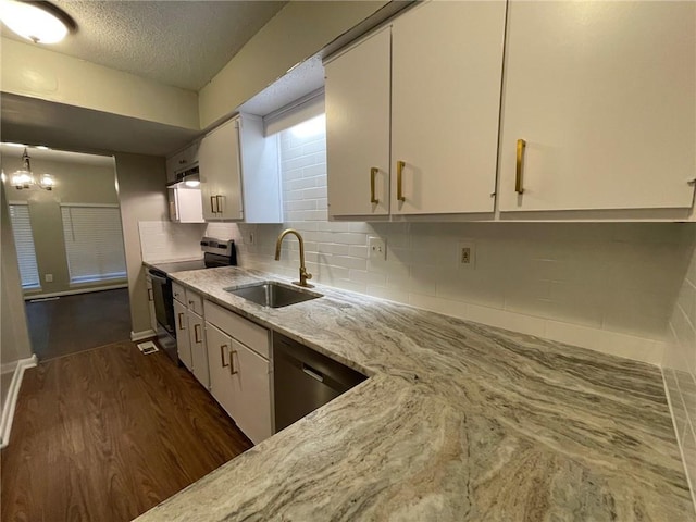 2449 Terrace Trl, Decatur, GA 30035 - kitchen with range with electric stovetop, a sink, light stone countertops, stainless steel dishwasher, and dark wood-style flooring