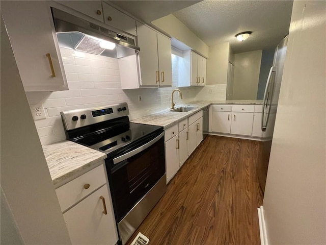 2449 Terrace Trl, Decatur, GA 30035 - kitchen featuring stainless steel electric range oven, under cabinet range hood, a sink, dark wood-style flooring, and decorative backsplash