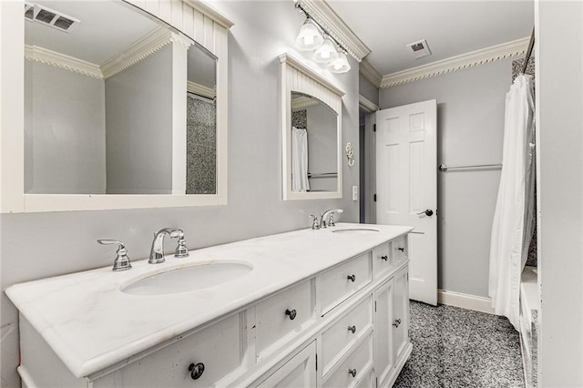 bathroom with crown molding, shower / tub combo with curtain, and vanity