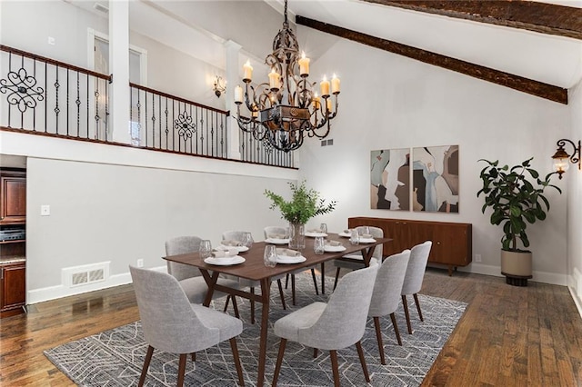 dining space with dark hardwood / wood-style flooring, beam ceiling, high vaulted ceiling, and a chandelier