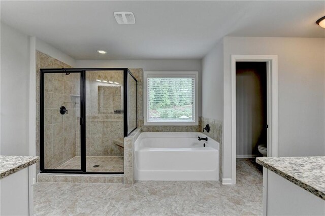full bath featuring vanity, a bath, toilet, and a shower stall