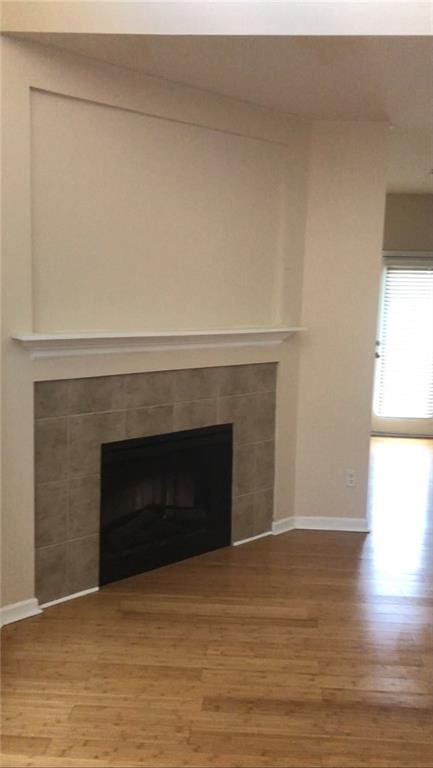 room details with wood-type flooring and a fireplace