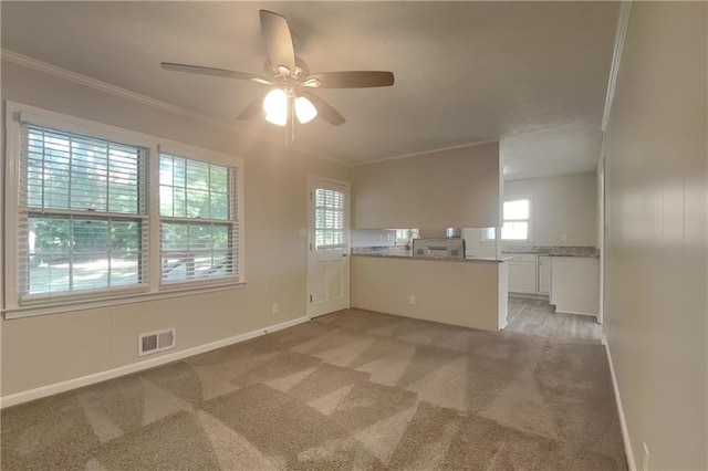 empty room featuring carpet floors, ceiling fan, and crown molding