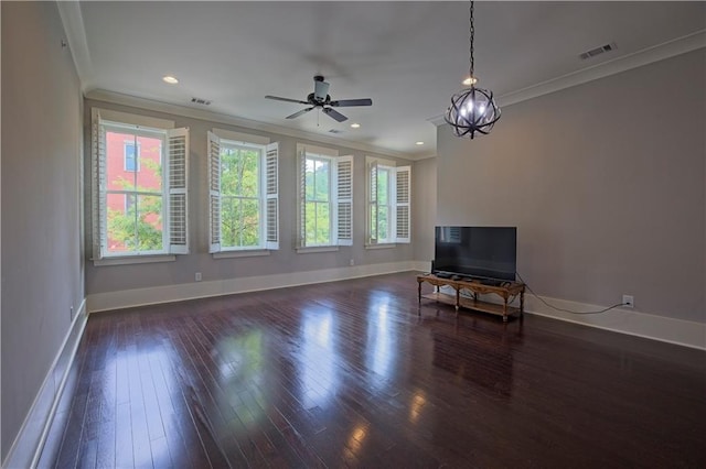 unfurnished living room featuring crown molding, baseboards, and visible vents