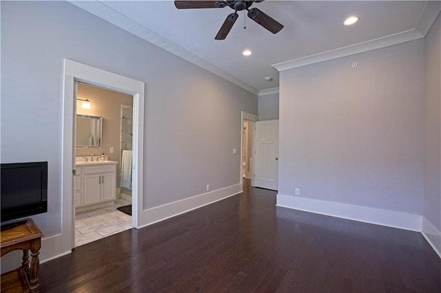 interior space featuring crown molding, recessed lighting, baseboards, and wood finished floors