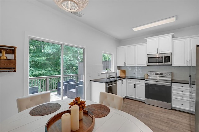 kitchen with stainless steel appliances, white cabinets, sink, backsplash, and light wood-type flooring