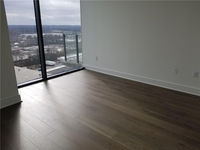 spare room with expansive windows and hardwood / wood-style floors