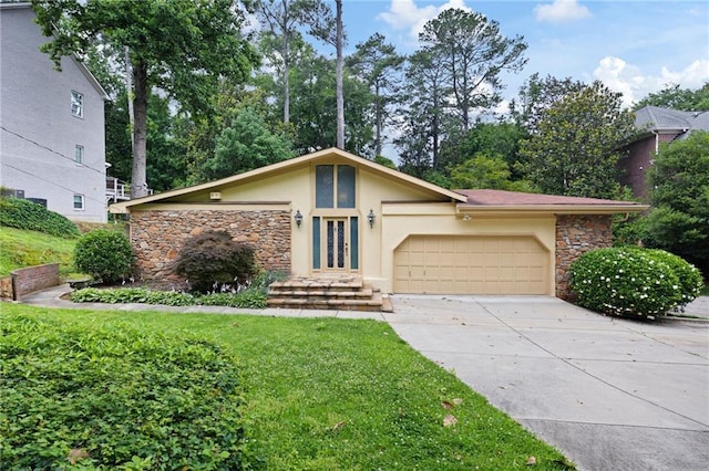 3272 Pinestream Rd NW, Atlanta, GA 30327 - mid-century home with stone siding, a garage, concrete driveway, stucco siding, and french doors