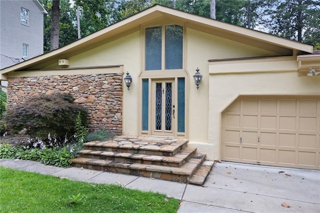 3272 Pinestream Rd NW, Atlanta, GA 30327 - view of front facade with stucco siding, a garage, and french doors