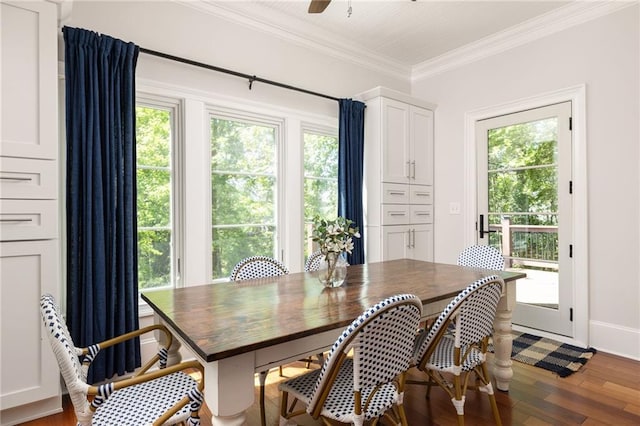 2015 N Decatur Rd NE, Atlanta, GA 30307 - dining room featuring baseboards, crown molding, a ceiling fan, and wood finished floors