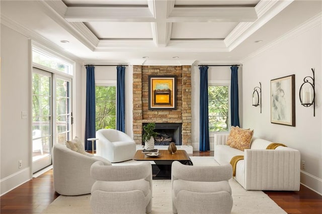 2015 N Decatur Rd NE, Atlanta, GA 30307 - living room featuring coffered ceiling, wood finished floors, a fireplace, and plenty of natural light