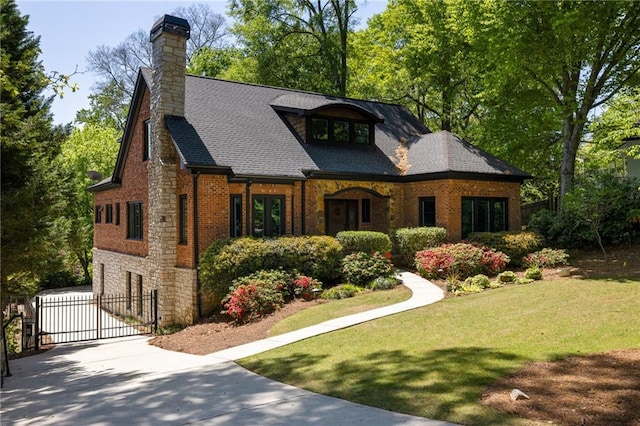 2015 N Decatur Rd NE, Atlanta, GA 30307 - tudor house with stone siding, a front lawn, a gate, a chimney, and a garage
