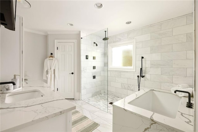 2015 N Decatur Rd NE, Atlanta, GA 30307 - full bathroom featuring walk in shower, vanity, a garden tub, and crown molding