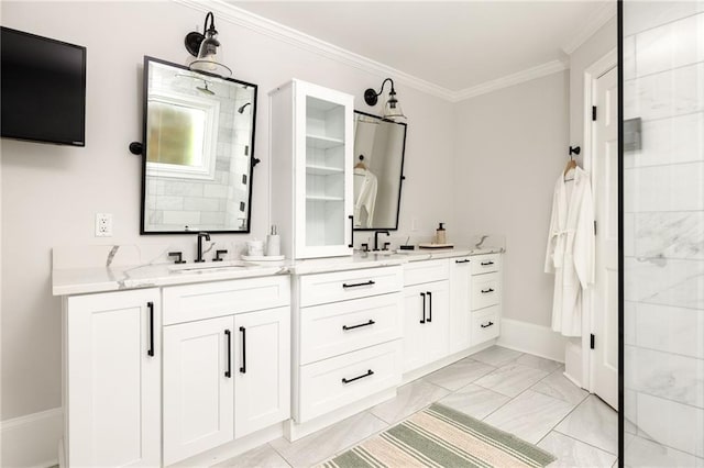 2015 N Decatur Rd NE, Atlanta, GA 30307 - bathroom featuring double vanity, marble finish floor, a sink, and crown molding