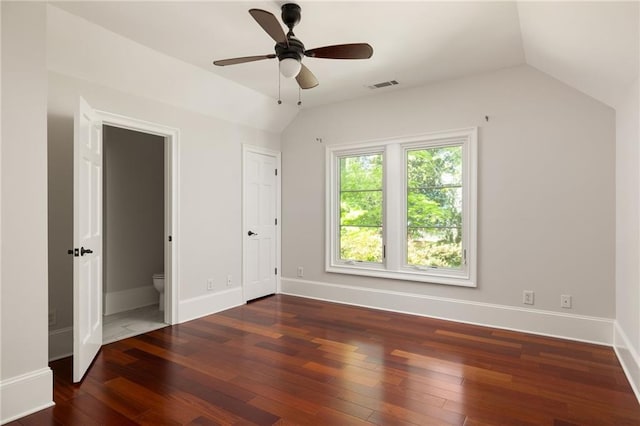 2015 N Decatur Rd NE, Atlanta, GA 30307 - unfurnished bedroom featuring visible vents, baseboards, ceiling fan, vaulted ceiling, and hardwood / wood-style floors