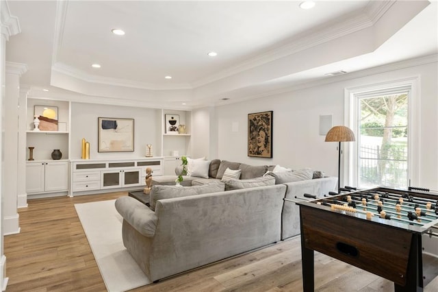 2015 N Decatur Rd NE, Atlanta, GA 30307 - recreation room with ornate columns, ornamental molding, recessed lighting, a raised ceiling, and light wood finished floors