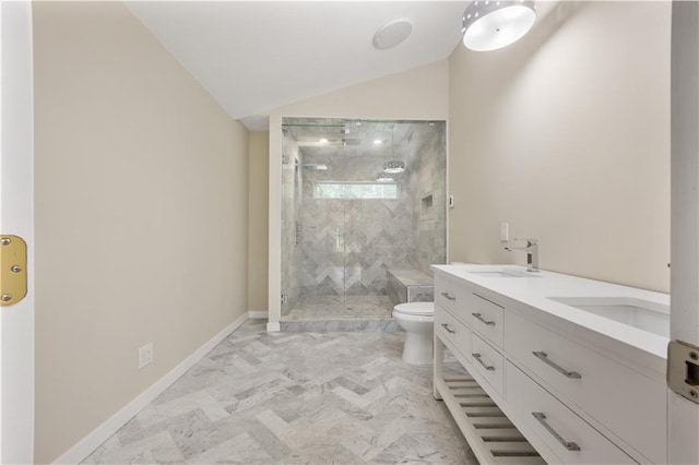 2552 Scenic Hwy S, Snellville, GA 30078 - full bathroom with vaulted ceiling, a marble finish shower, toilet, double vanity, and baseboards