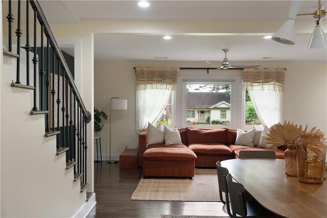 1218 Crestwood Dr SE, Atlanta, GA 30316 - living area with wood finished floors, a ceiling fan, stairway, and recessed lighting
