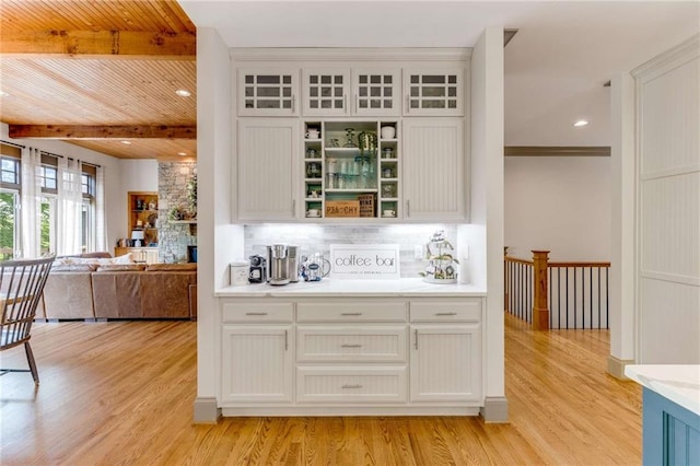 99 Bree Ln, Canton, GA 30114 - bar featuring light wood-style floors, backsplash, recessed lighting, and beam ceiling