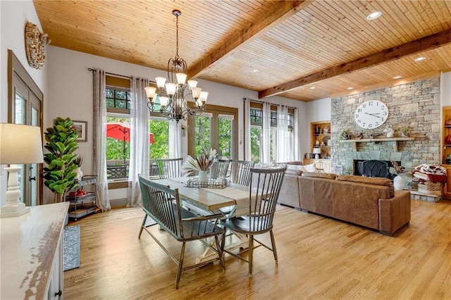 99 Bree Ln, Canton, GA 30114 - dining area with beamed ceiling, an inviting chandelier, wooden ceiling, and light wood finished floors