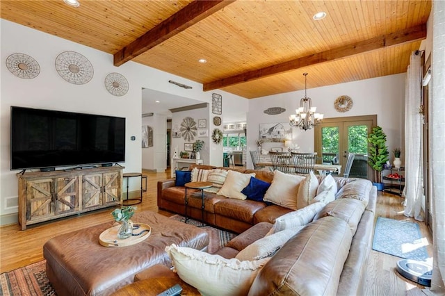 99 Bree Ln, Canton, GA 30114 - living area with wood ceiling, wood finished floors, beamed ceiling, a chandelier, and recessed lighting