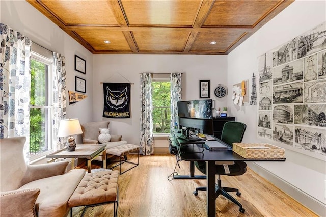 99 Bree Ln, Canton, GA 30114 - home office with coffered ceiling, wood finished floors, and wooden ceiling