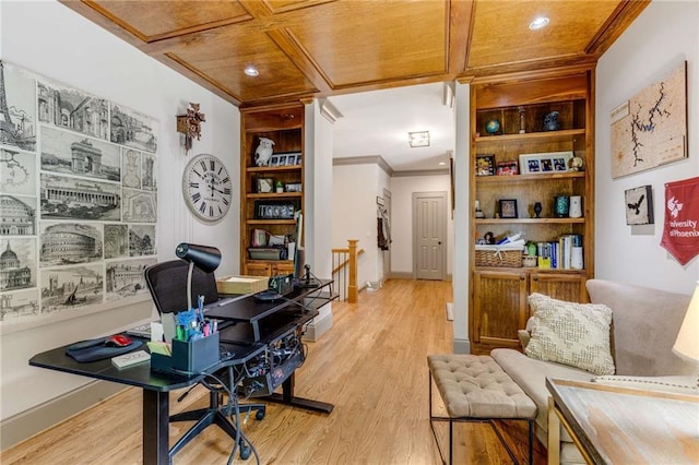 99 Bree Ln, Canton, GA 30114 - home office featuring light wood-style floors, ornamental molding, built in features, and wood ceiling