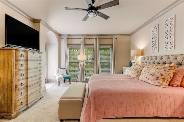 99 Bree Ln, Canton, GA 30114 - carpeted bedroom with arched walkways, ornamental molding, and a ceiling fan