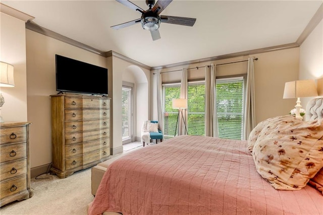 99 Bree Ln, Canton, GA 30114 - bedroom with arched walkways, a ceiling fan, ornamental molding, and light carpet