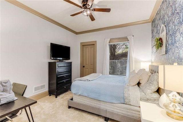 99 Bree Ln, Canton, GA 30114 - bedroom featuring light colored carpet, ceiling fan, visible vents, and ornamental molding