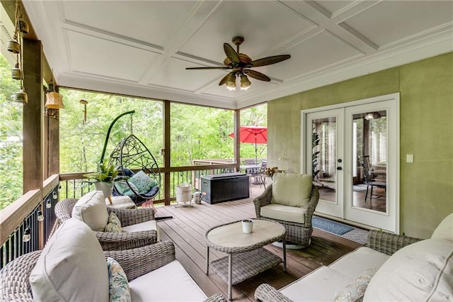 99 Bree Ln, Canton, GA 30114 - sunroom / solarium featuring an outdoor living space, ceiling fan, french doors, and coffered ceiling