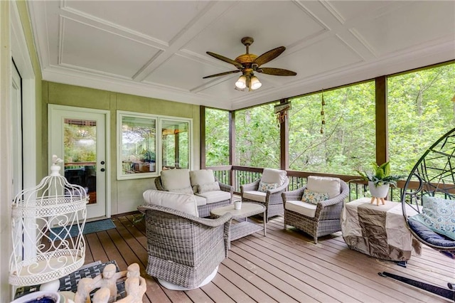 99 Bree Ln, Canton, GA 30114 - sunroom featuring coffered ceiling, ceiling fan, and an outdoor living space