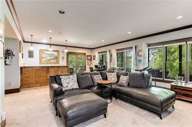 99 Bree Ln, Canton, GA 30114 - living room featuring light colored carpet, ornamental molding, and plenty of natural light