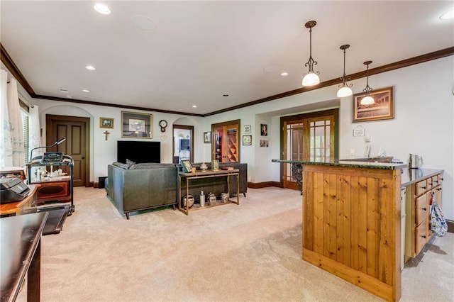 99 Bree Ln, Canton, GA 30114 - living room featuring light colored carpet, ornamental molding, and bar