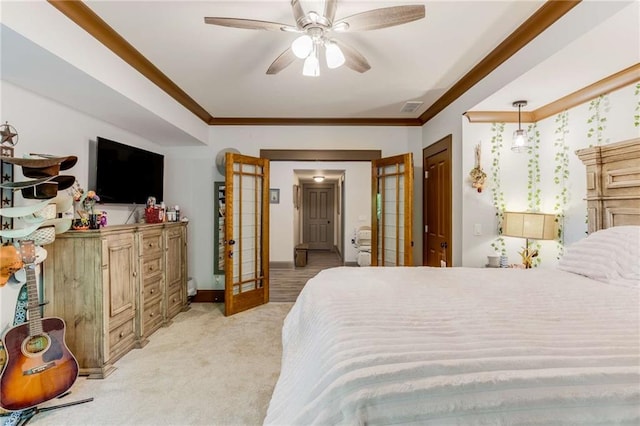 99 Bree Ln, Canton, GA 30114 - bedroom with ceiling fan, visible vents, crown molding, baseboards, and light carpet
