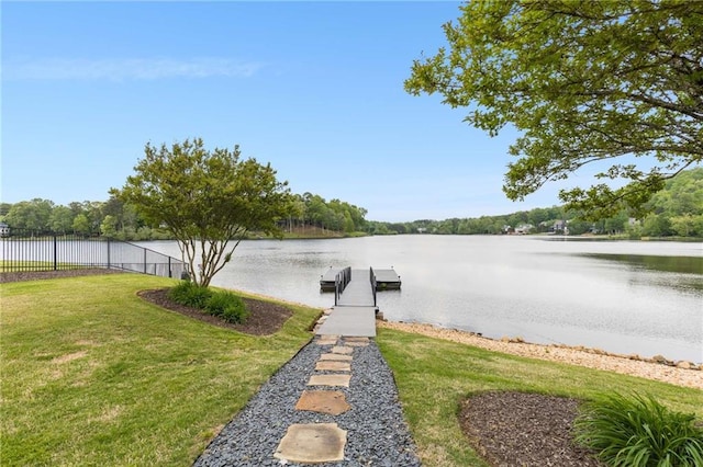 99 Bree Ln, Canton, GA 30114 - view of dock with a yard, a water view, and fence