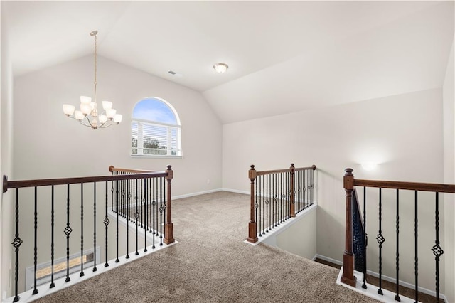 bonus room featuring carpet, baseboards, visible vents, lofted ceiling, and a chandelier