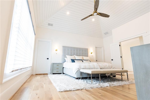 3338 Breton Cir NE, Brookhaven, GA 30319 - bedroom featuring high vaulted ceiling, light wood-style floors, ceiling fan, and wood ceiling