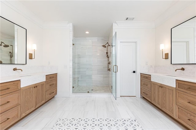 3338 Breton Cir NE, Brookhaven, GA 30319 - full bathroom with a shower stall, two vanities, recessed lighting, and crown molding