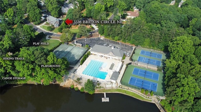 3338 Breton Cir NE, Brookhaven, GA 30319 - aerial view of property's location with a pool area and a nearby body of water