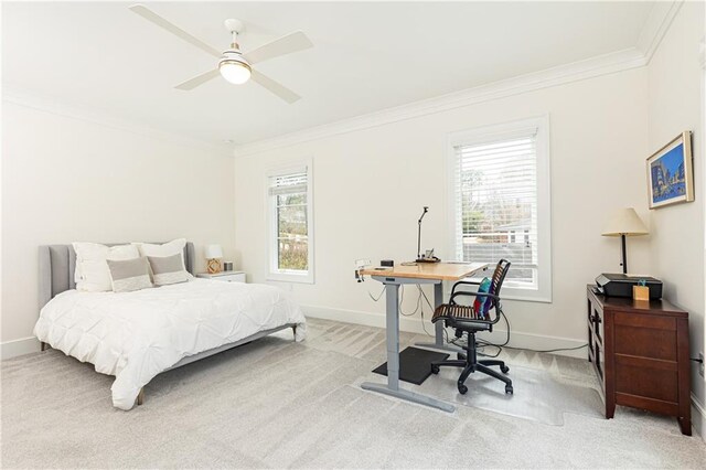 3338 Breton Cir NE, Brookhaven, GA 30319 - carpeted bedroom featuring crown molding, multiple windows, baseboards, an office area, and a ceiling fan