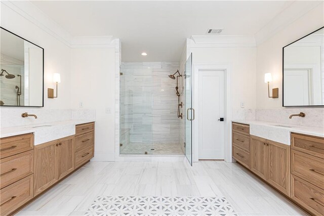 3338 Breton Cir NE, Brookhaven, GA 30319 - full bathroom with a shower stall, two vanities, recessed lighting, and crown molding